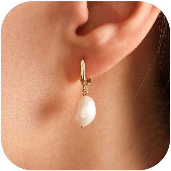 Pearl Dangle Earrings 14K Gold Plated Pearl Drop Hoop Dainty CZ Earrings Gift - Picture 5 of 5